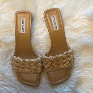 Steve Madden Women’s SAGED Straw Wooden Open Toe Slip On Sandals Size 9.5